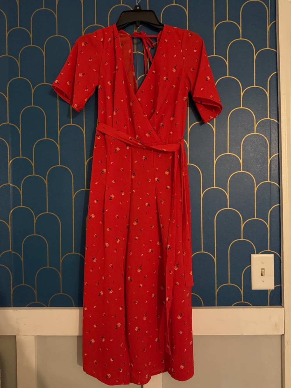 Women's Red Floral Wrap Jumpsuit with Tie Waist